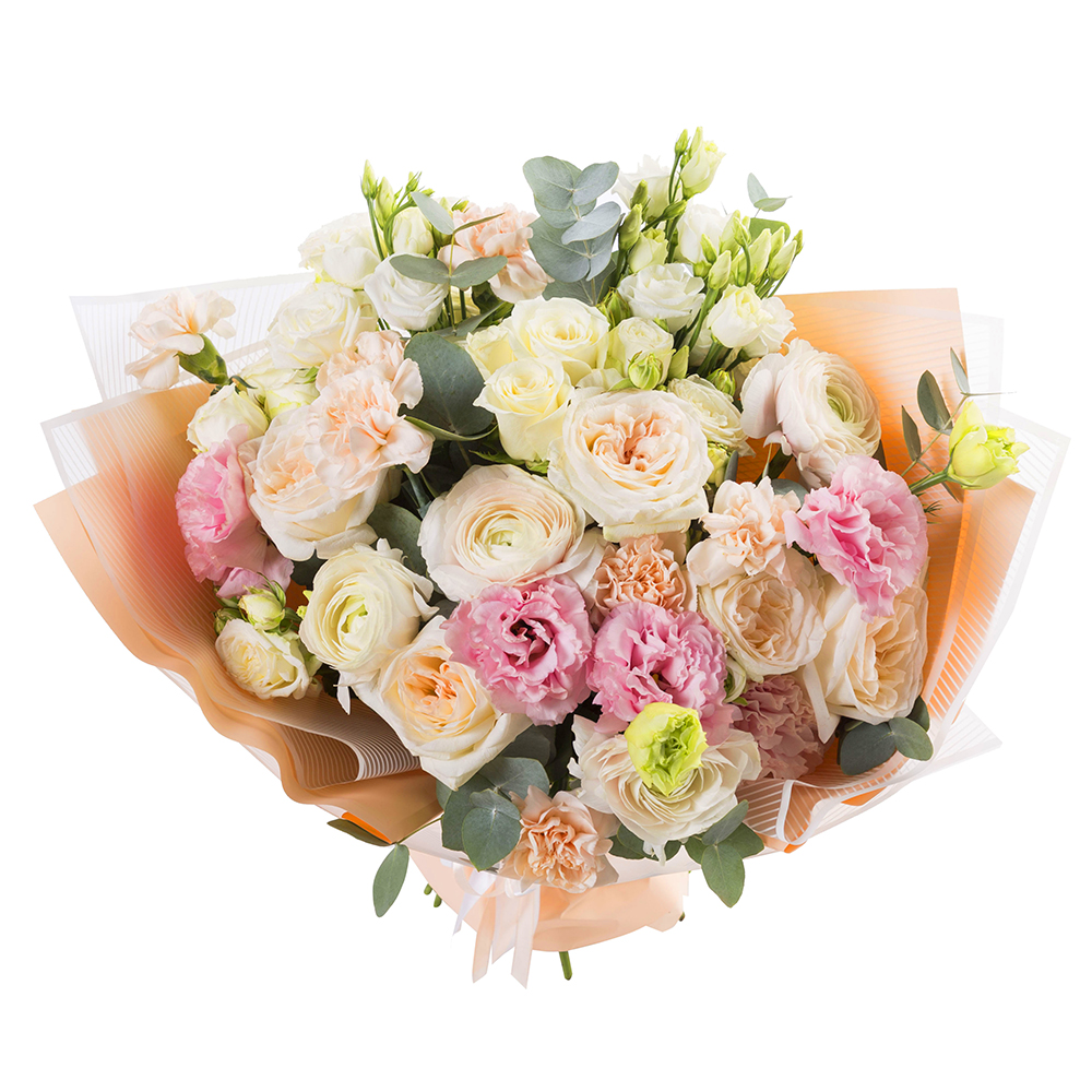 Букет из роз, гвоздик и ранункулюсов