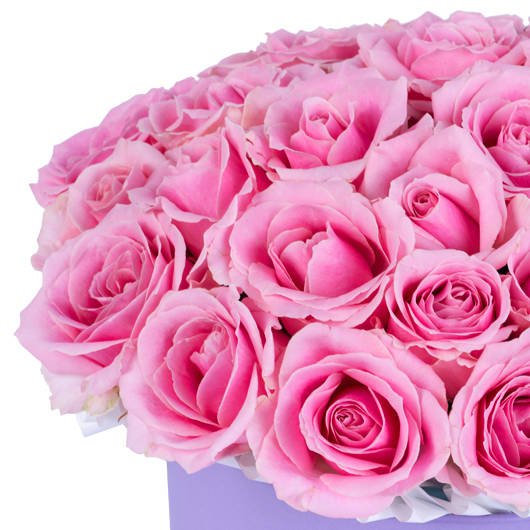 25 розовых роз premium в фиолетовой шляпной коробке