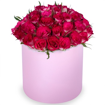 Букет из 51 бело-малиновой розы в розовой шляпной коробке