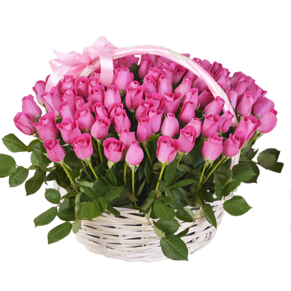 101 розовая роза в корзине
