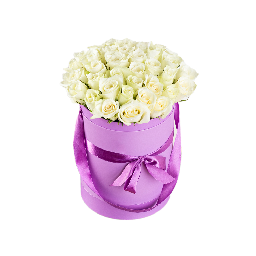 35 белых роз 40 см в шляпной коробке