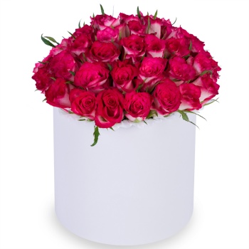 Букет из 51 бело-малиновой розы в белой шляпной коробке