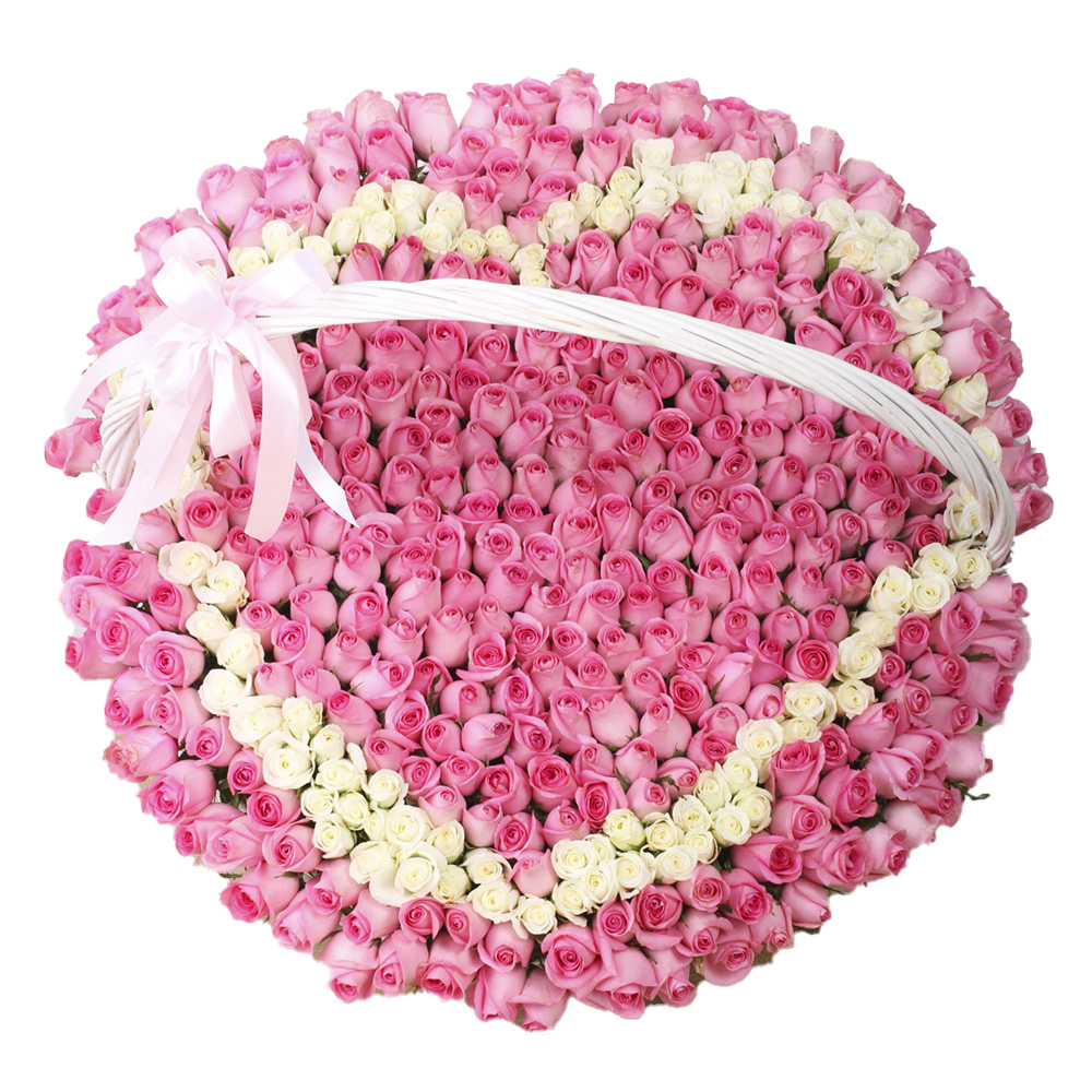 Сердце из 501 розовой и белой розы в корзине