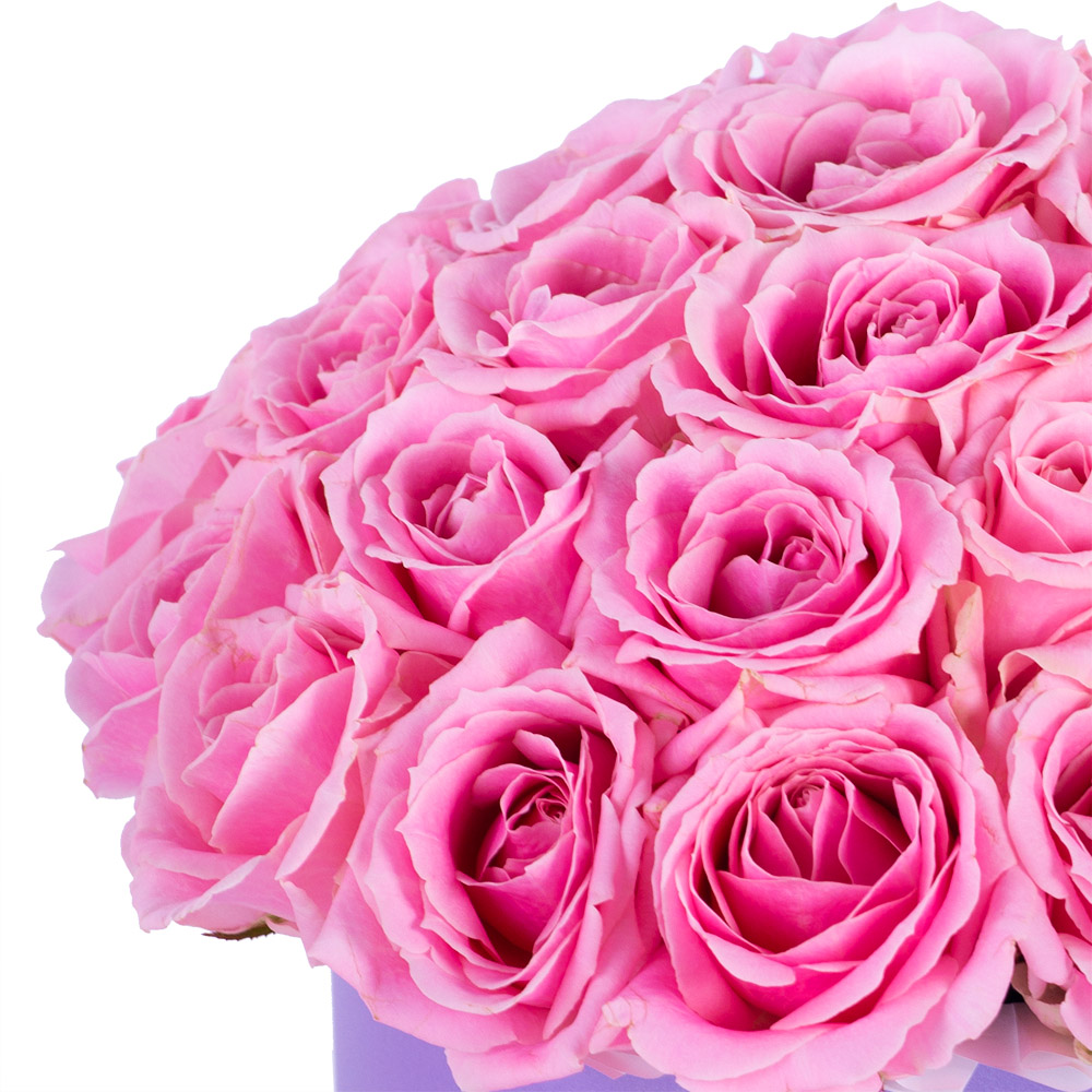 Букет из 35 розовых роз premium в фиолетовой шляпной коробке