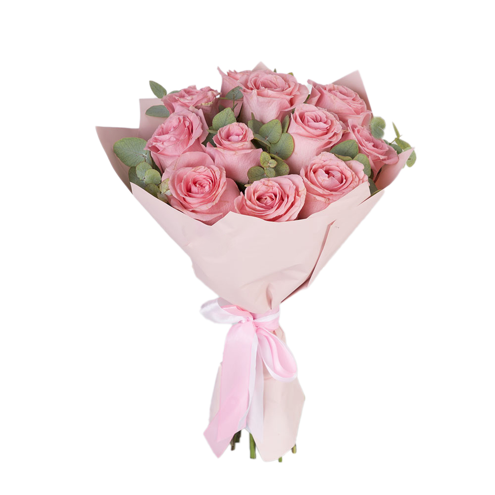 Букет из 11 розовых роз с эвкалиптом
