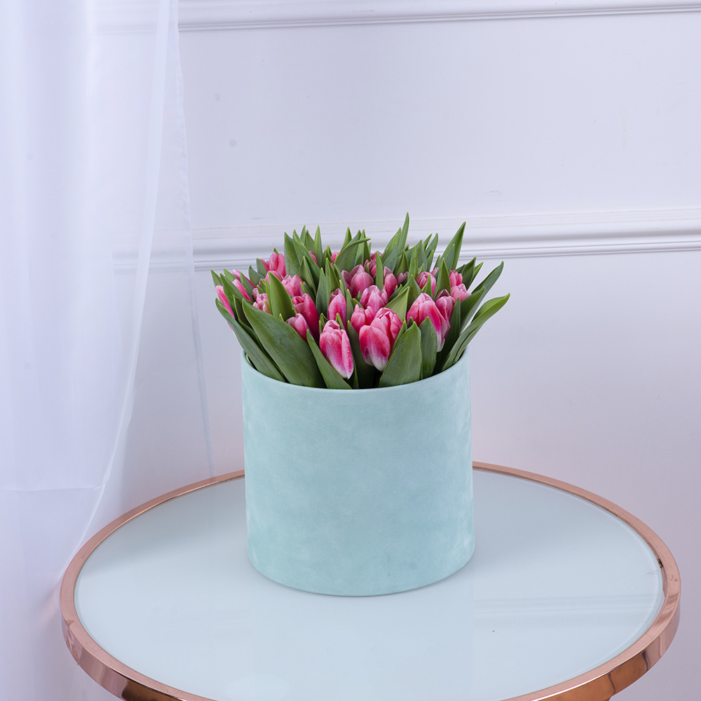 51 Бело-малиновый тюльпан в зеленой бархатной шляпной коробке