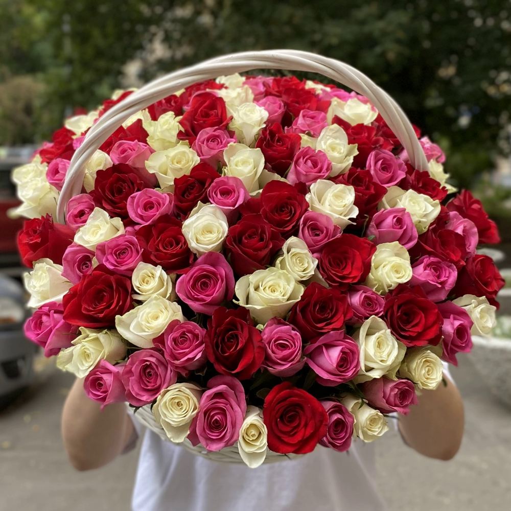 101 роза микс в корзине с лентой