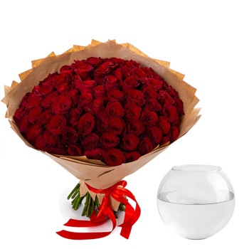 101 красная роза - ваза в подарок!