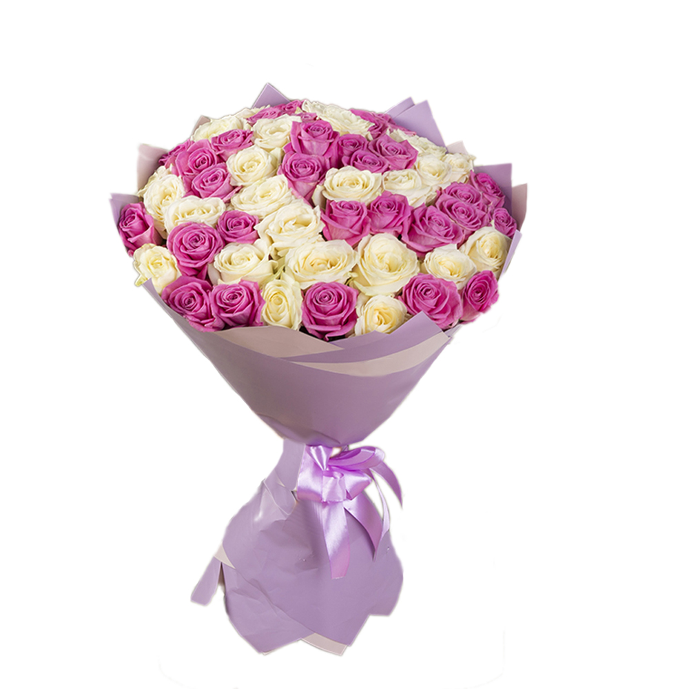 Букет из 51 розовой и белой розы 60 см