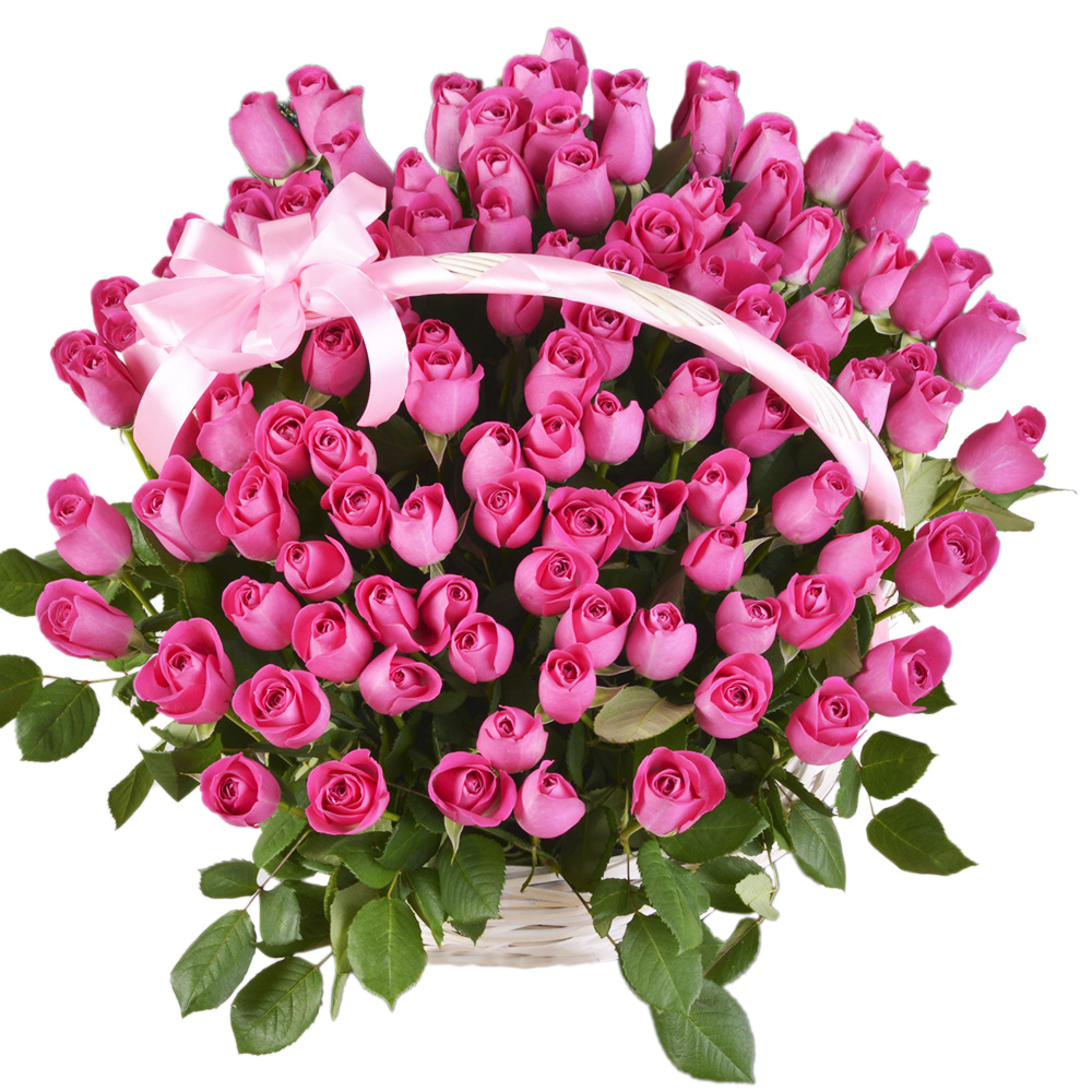 101 розовая роза в корзине