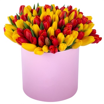 Букет из 101 разноцветного тюльпана в розовой шляпной коробке