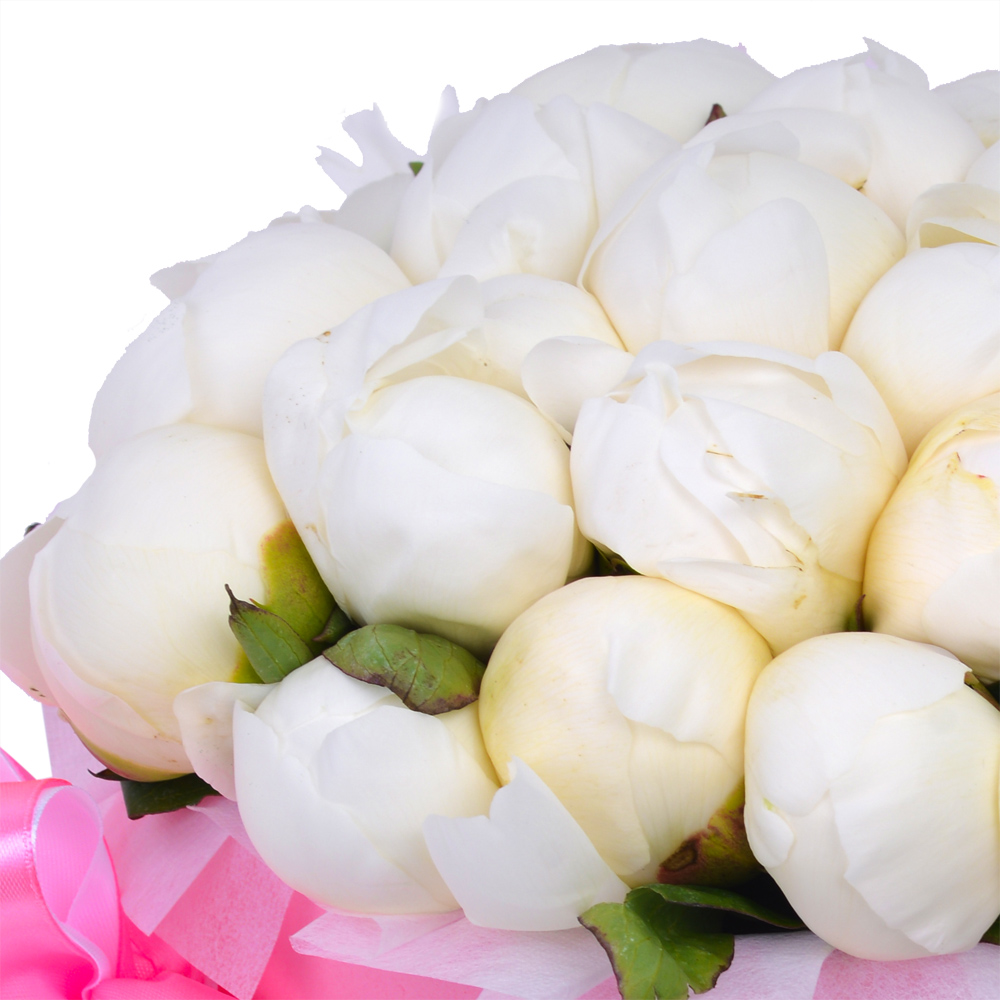 Букет из 35 белых пионов в розовой шляпной коробке