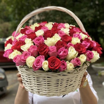 101 роза микс в корзине с лентой